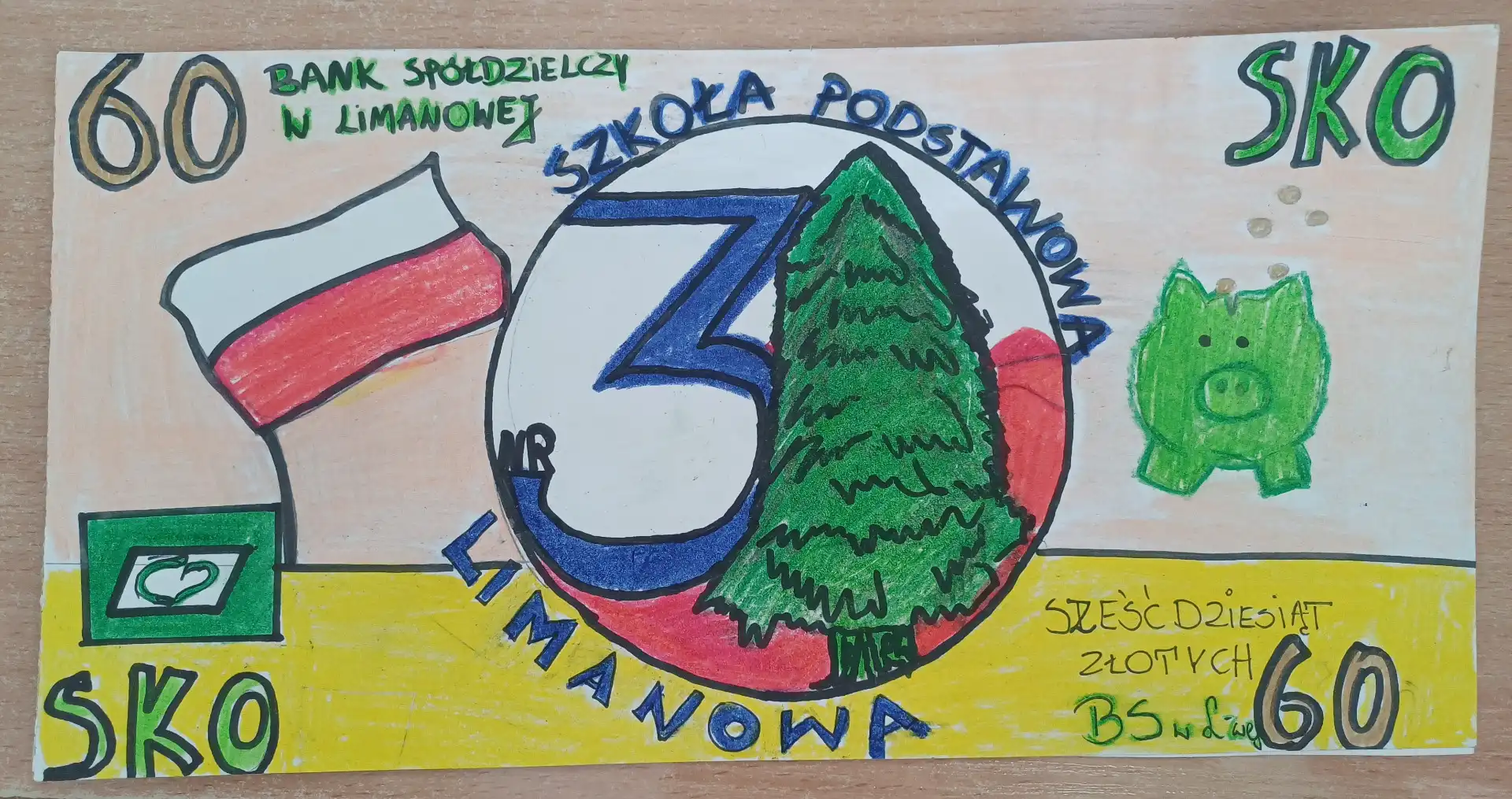 Konkurs plastyczny „Okolicznościowy banknot 60-cio złotowy” w SP nr 3 w Limanowej. Kreatywność młodych artystów na najwyższym poziomie!