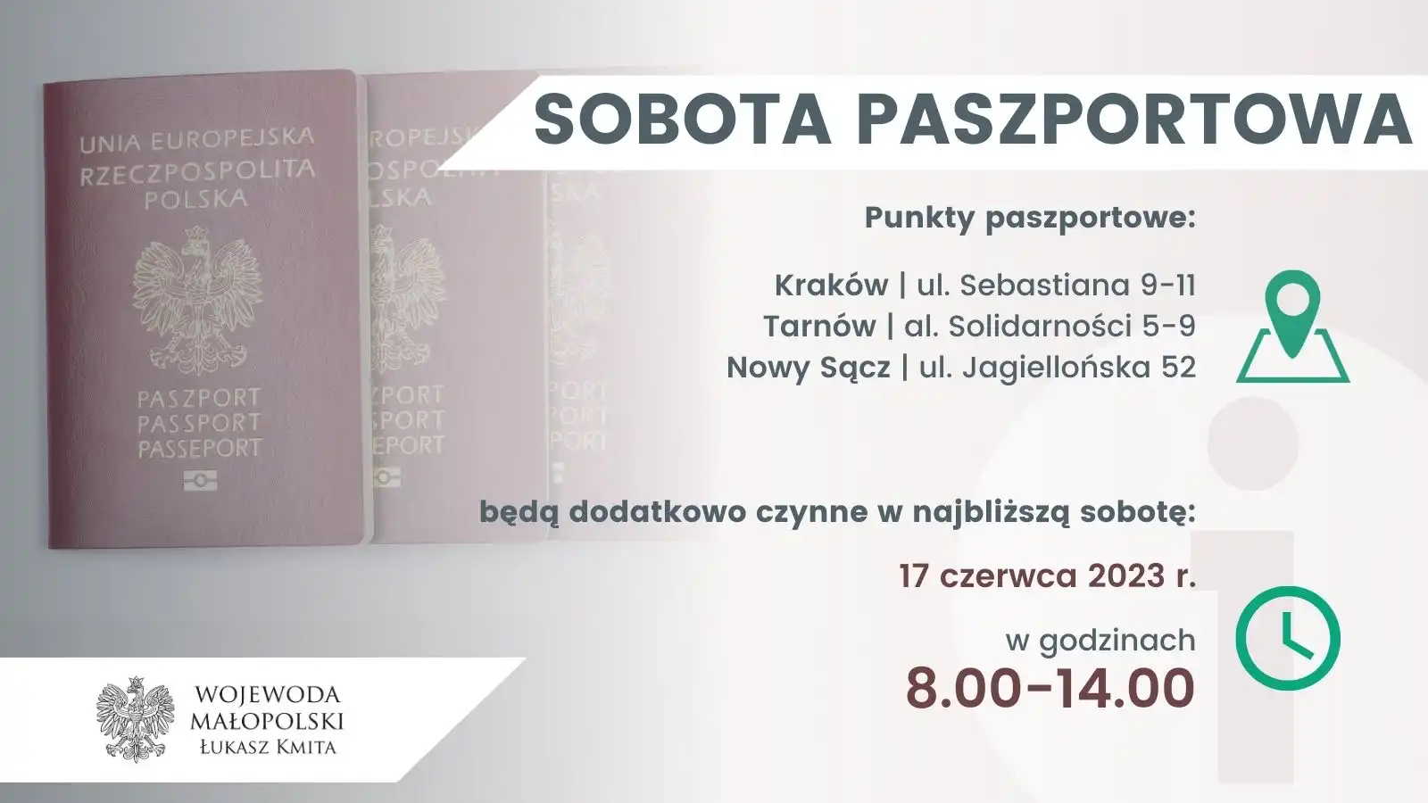 Złóż wniosek paszportowy lub odbierz gotowy dokument. W najbliższą sobotę otwarte będą punkty w Krakowie Tarnowie i Nowym Sączu
