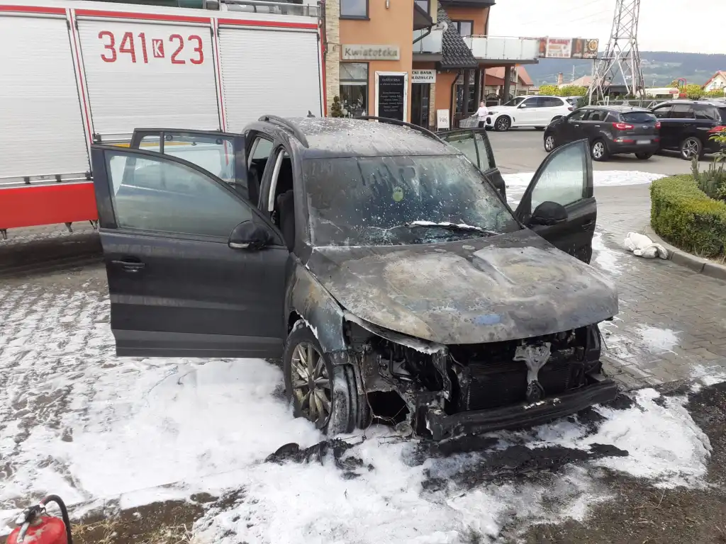 Świniarsko: Pożar osobówki na parkingu sklepu