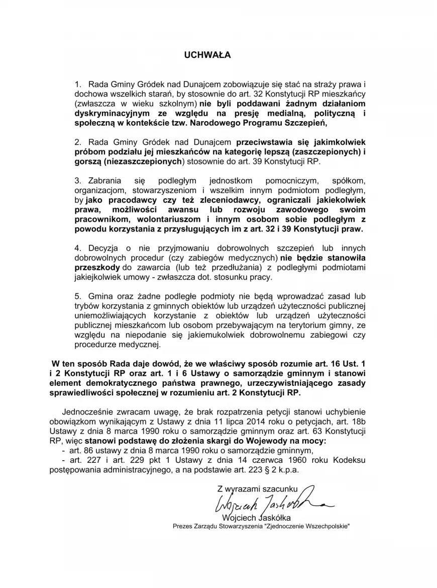 Ruch Narodowy składa petycje z wnioskiem o przyjęcie uchwał przeciwko segregacji mieszkańców w Podegrodziu i Gródku nad Dunajcem