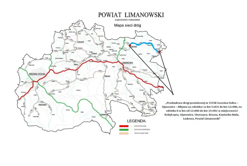 Droga powiatowa nr 1555 Łososina Dolna - Ujanowice – Młynne będzie przebudowana