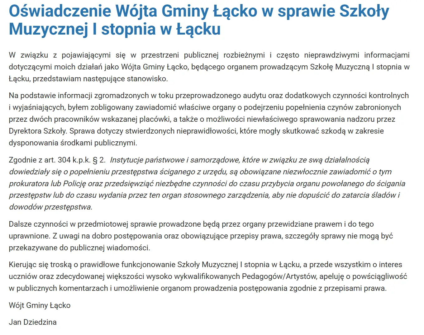 Sprawa Szkoły Muzycznej w Łącku. Od gminnego audytu do zawiadomienia organów ścigania Sprawa Szkoły Muzycznej w Łącku. Od gminnego audytu do zawiadomienia organów ścigania