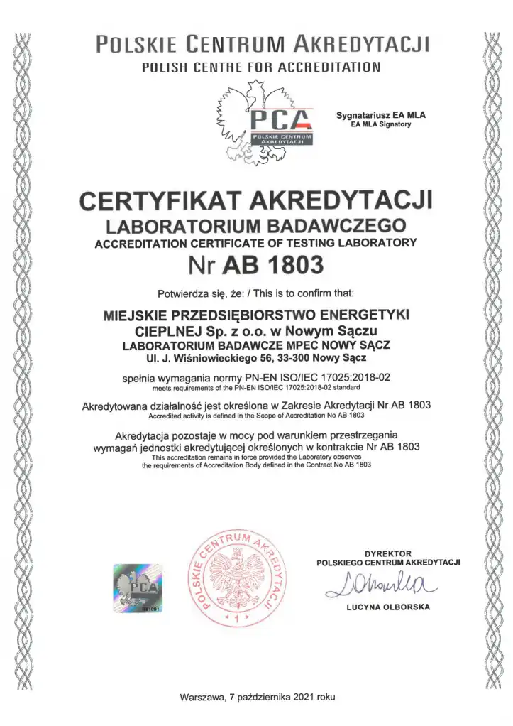 Laboratorium Badawcze w MPEC Nowy Sącz uzyskało certyfikat akredytacji