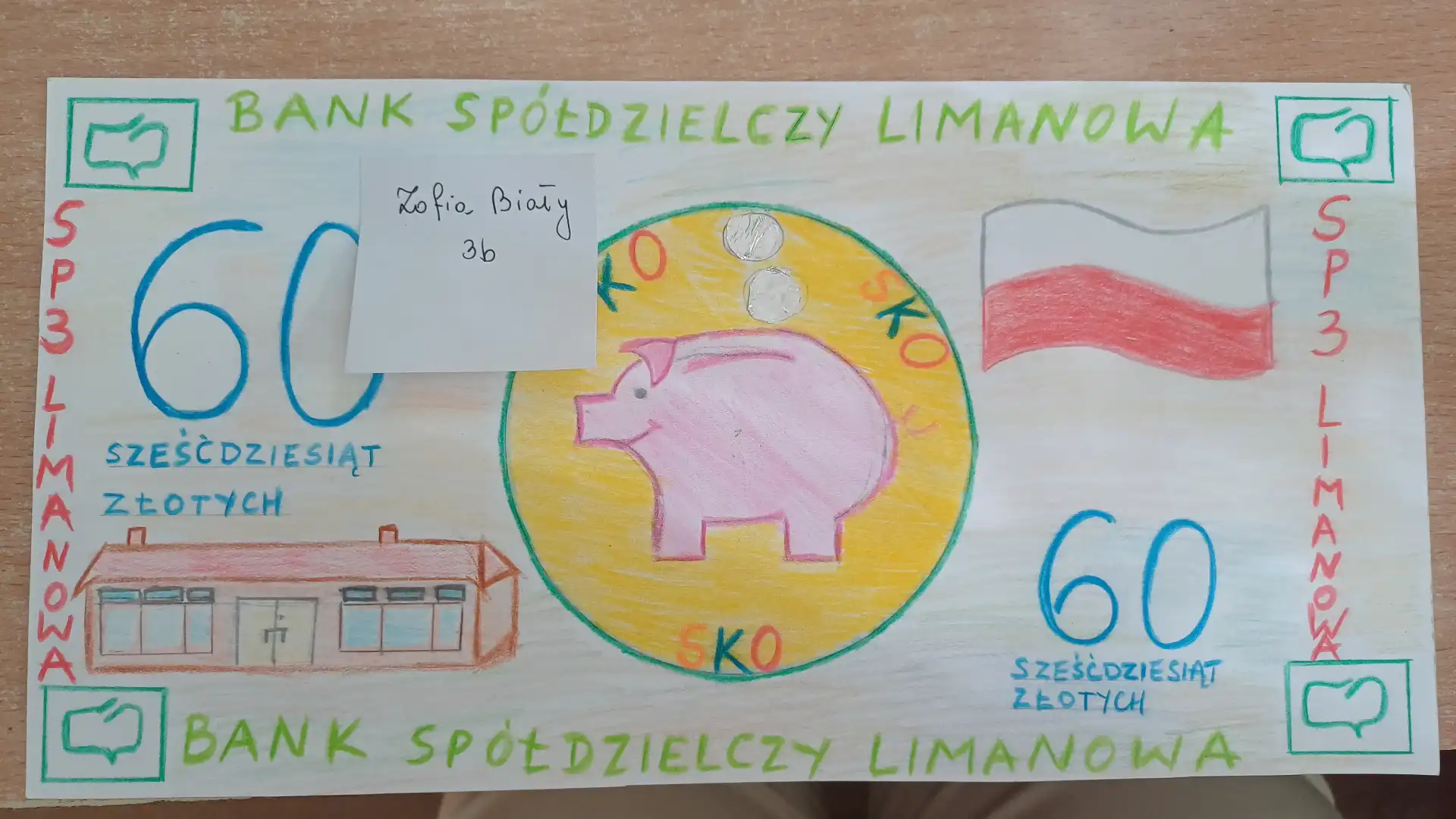 Konkurs plastyczny „Okolicznościowy banknot 60-cio złotowy” w SP nr 3 w Limanowej. Kreatywność młodych artystów na najwyższym poziomie!