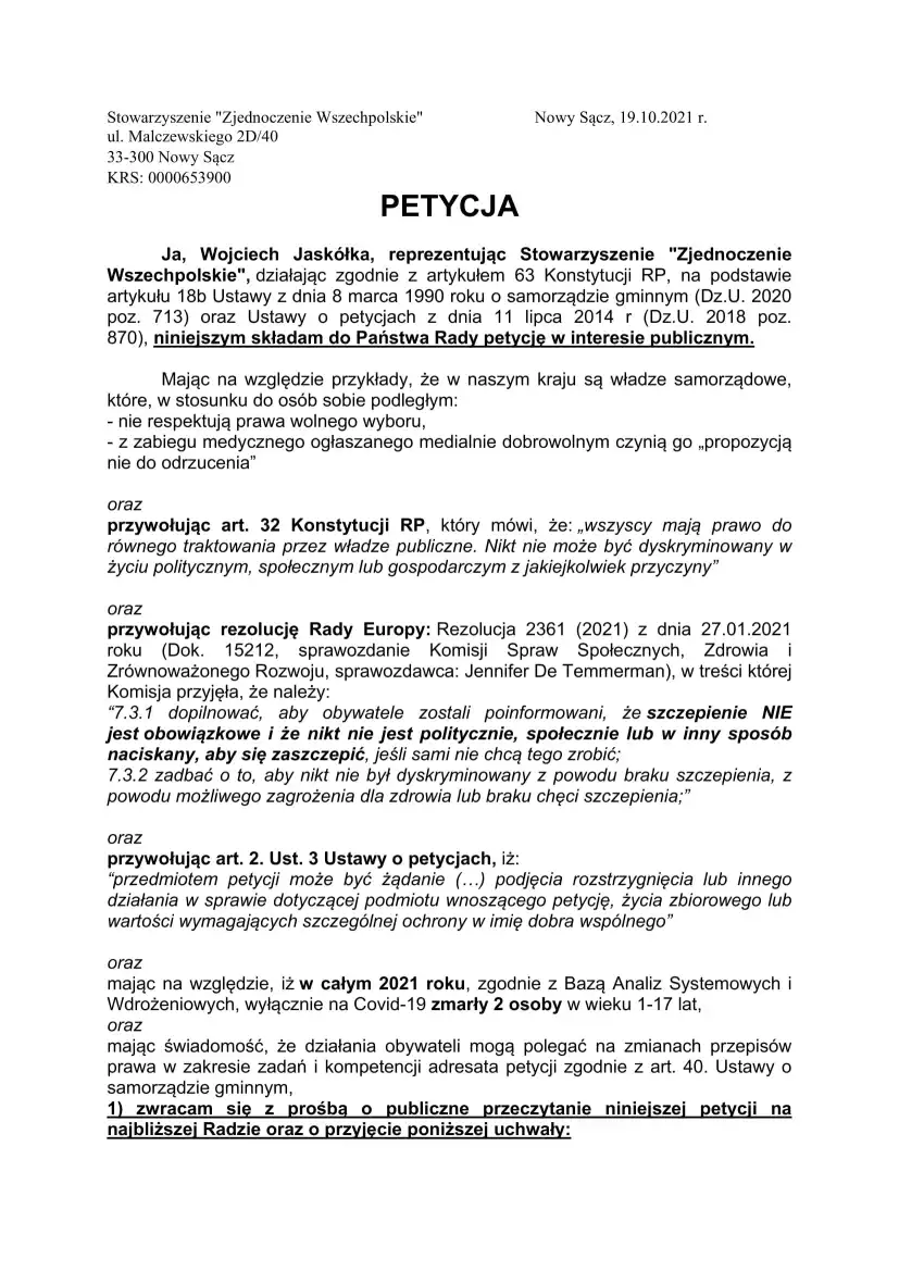 Ruch Narodowy składa petycje z wnioskiem o przyjęcie uchwał przeciwko segregacji mieszkańców w Podegrodziu i Gródku nad Dunajcem