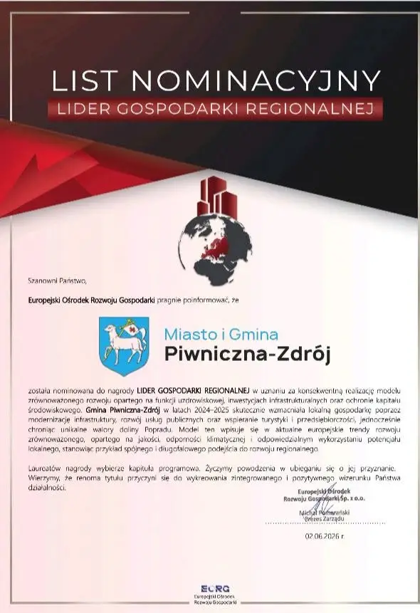 Piwniczna-Zdrój doceniona w skali kraju. Jest nominacja do prestiżowej nagrody
