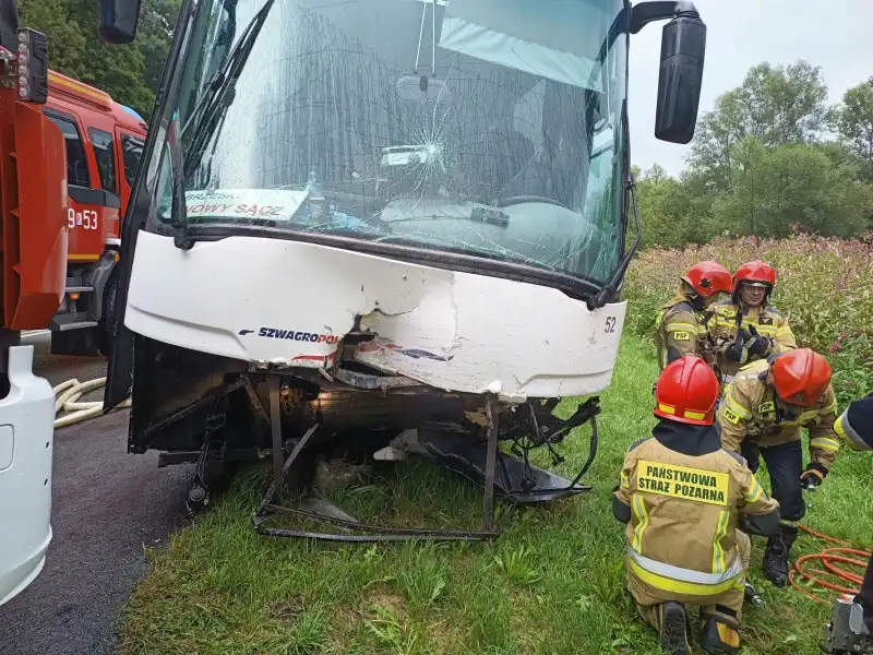 Tragiczny wypadek w Witowicach Górnych w relacji strażaków. W czołowym zderzeniu autobusu i osobówki zginęły dwie osoby