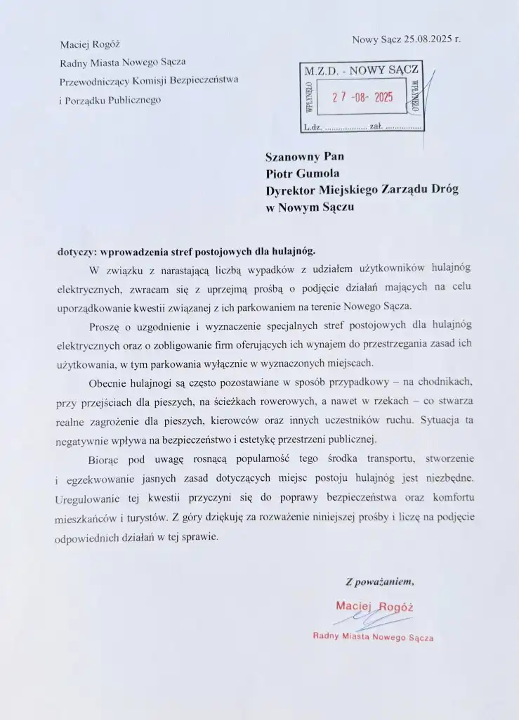 Nowy Sącz: radny apeluje o większe bezpieczeństwo i porządek w korzystaniu z hulajnóg