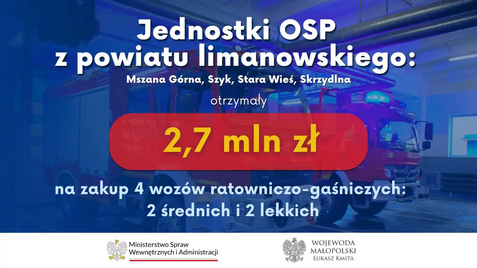 Jednostki OSP z powiatów nowotarskiego, limanowskiego i tatrzańskiego z dofinansowaniem na zakup pojazdów ratowniczo-gaśniczych
