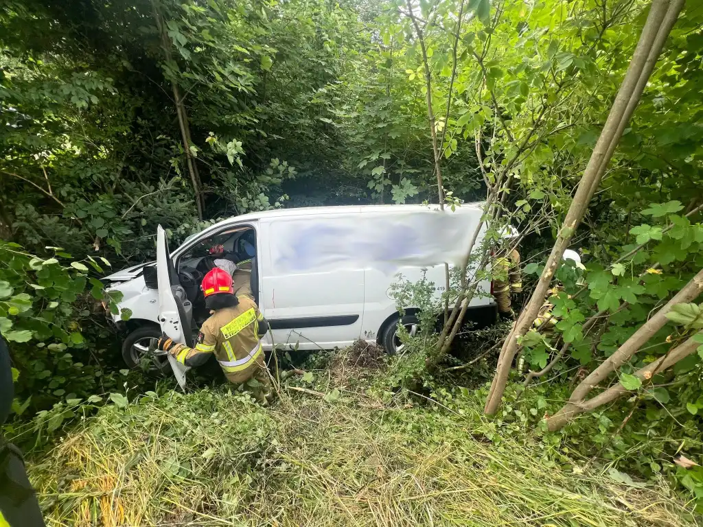 Wypadek w Kamionce Wielkiej: samochód wypadł z drogi i uszkodził słup telekomunikacyjny. Jedna osoba trafiła do szpitala