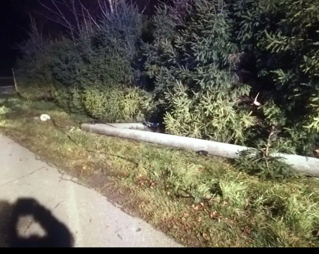 Wypadek w Łabowej. Ford wypadł z drogi i ściął słup oświetleniowy