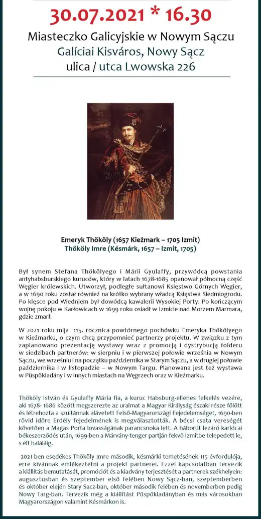 Nowy Sącz: 30 lipca otwarcie wystawy pt. „Za wolność i sprawiedliwość. Powstanie kuruców Emeryka Thökölyego”
