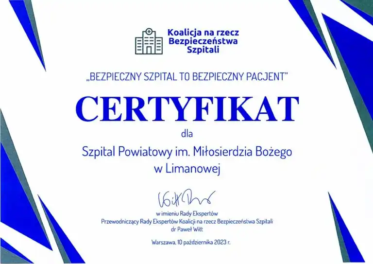 Szpital Powiatowy w Limanowej z Certyfikatem „Bezpieczny szpital to bezpieczny pacjent”