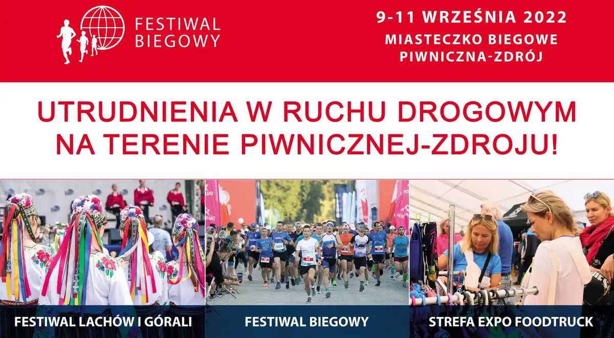 Uwaga! W weekend utrudnienia w ruchu drogowym w związku z 13. Festiwalem Biegowym w Piwnicznej-Zdroju
