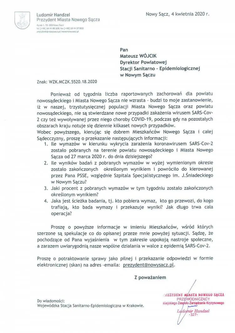 Prezydent Nowego Sącza pisze do Sanepidu - Proszę o potraktowanie sprawy jako pilnej