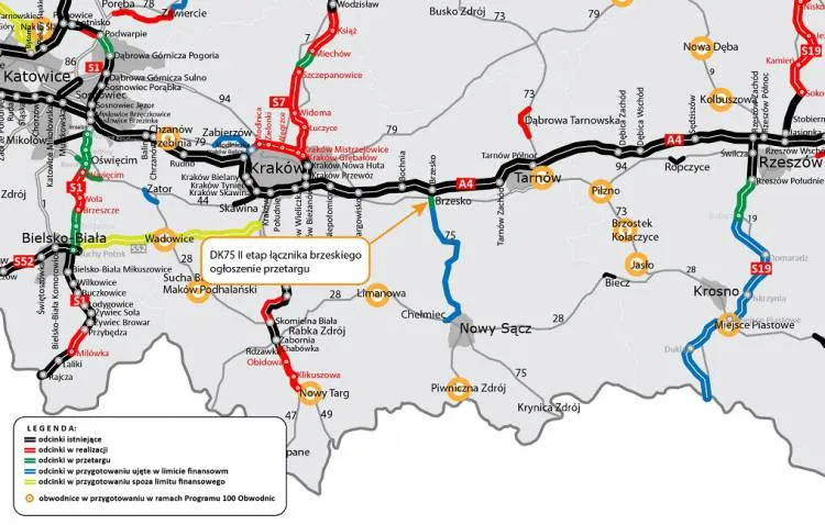 Przetarg na zaprojektowanie i wykonanie robót budowlanych dla zadania:  „Budowa drogi krajowej DK75 na odcinku Brzesko – Nowy Sącz, odcinek I – II etap „Łącznika Brzeskiego”