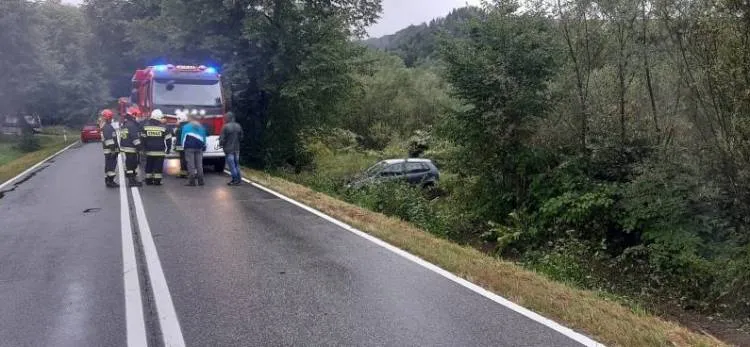 W Żegiestowie osobówka wypadła z drogi i zatrzymała się w zaroślach