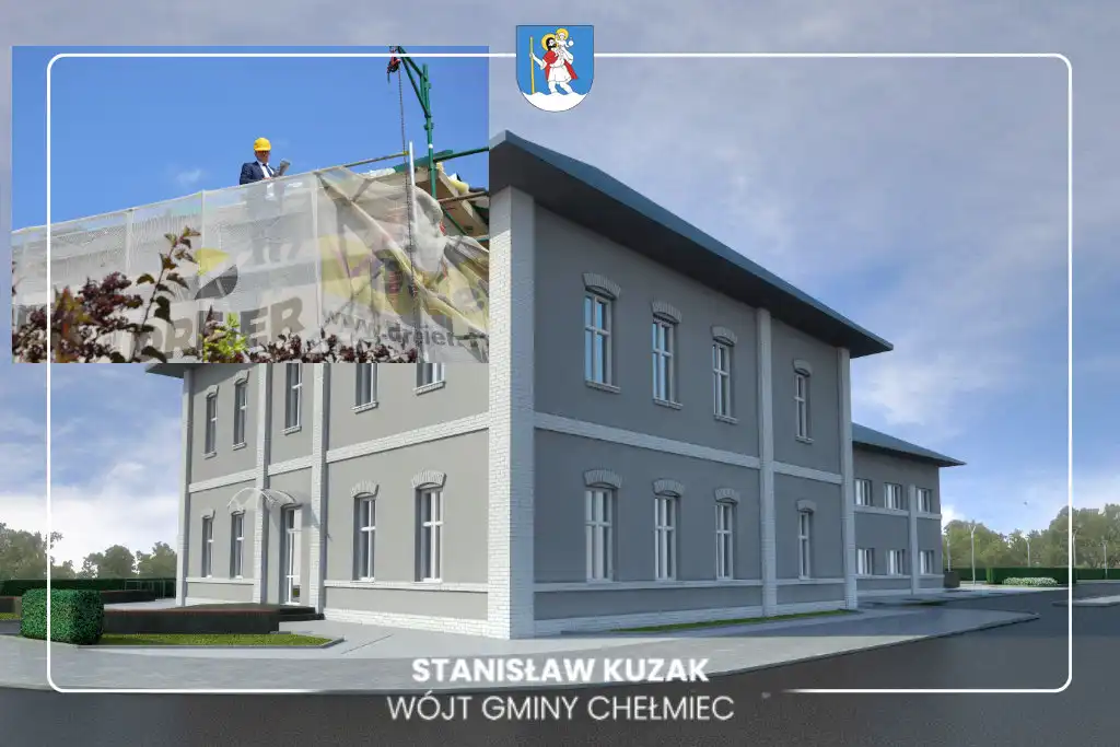 Nowe oblicze Urzędu Gminy w Chełmcu. Kamień z Klęczan ozdobi elewację