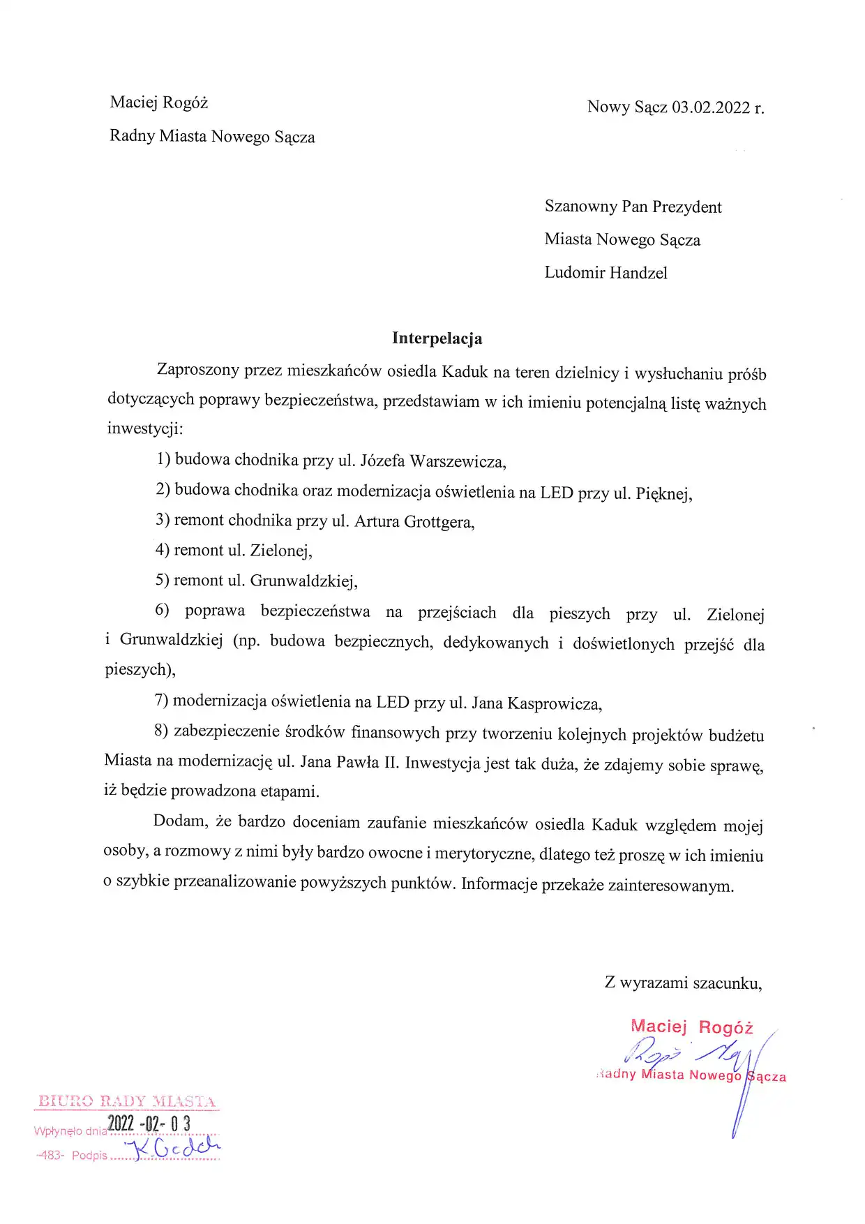 Radny Maciej Rogóż interpeluje w sprawie ważnych inwestycji na Osiedlu Kaduk