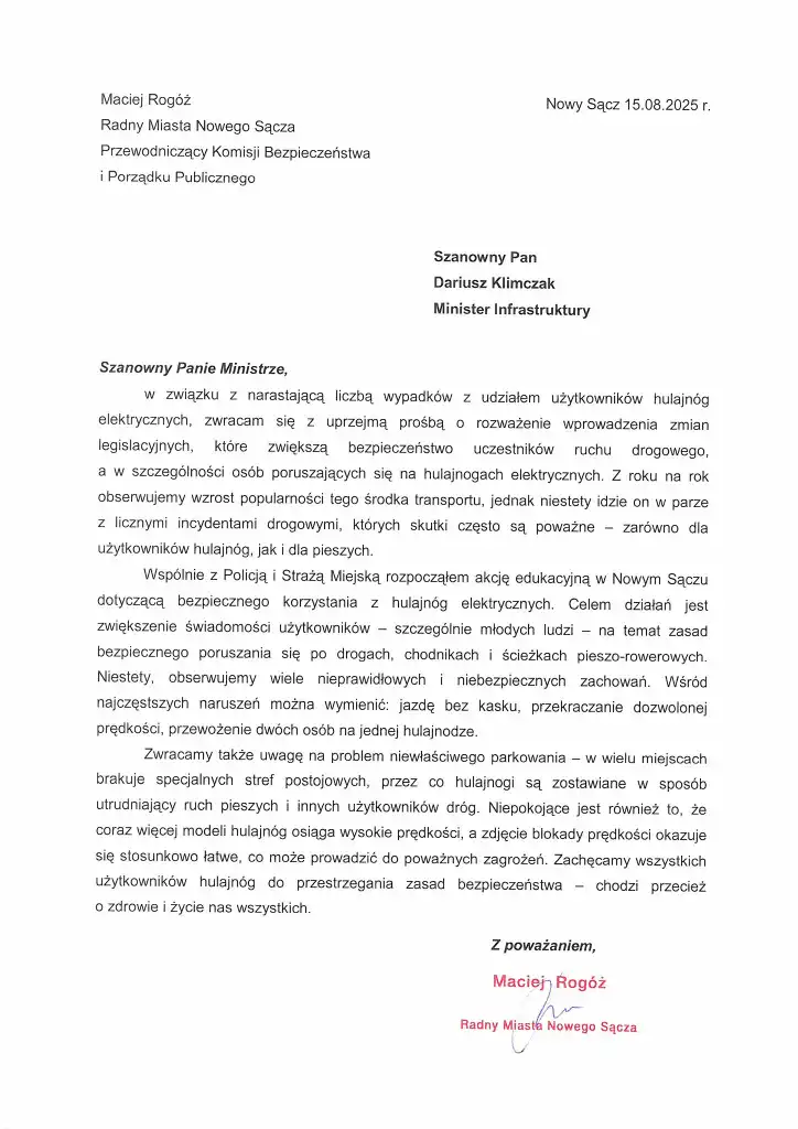 Nowy Sącz: radny apeluje o większe bezpieczeństwo i porządek w korzystaniu z hulajnóg