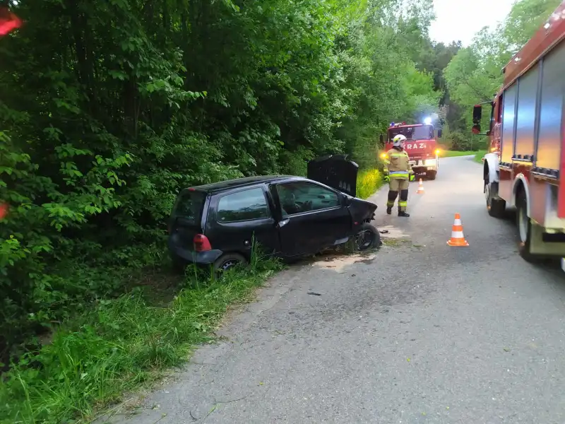 Kotów: pojazd osobowy wypadł z jezdni i uderzył w przydrożny przepust