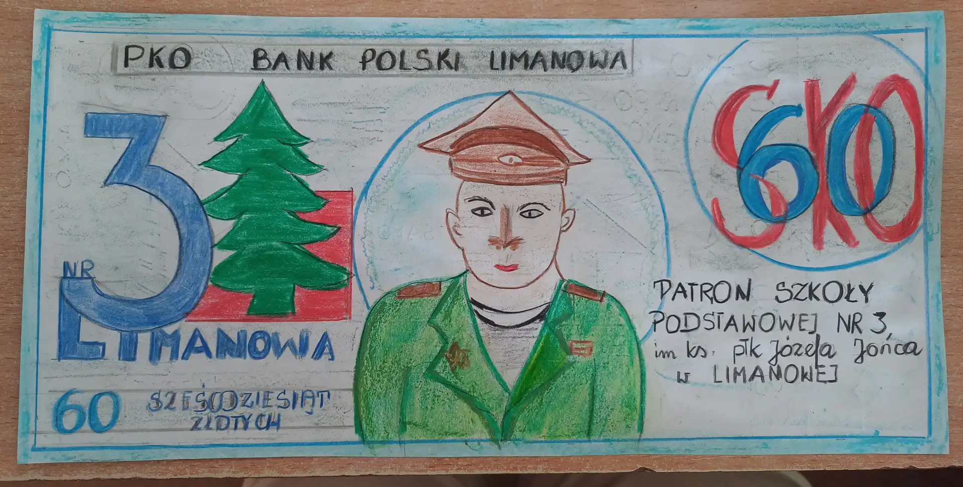 Konkurs plastyczny „Okolicznościowy banknot 60-cio złotowy” w SP nr 3 w Limanowej. Kreatywność młodych artystów na najwyższym poziomie!