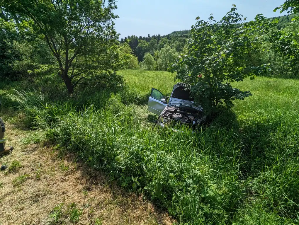 Łososina Dolna: samochód osobowy wypadł z drogi i "wylądował" na pobliskiej łące