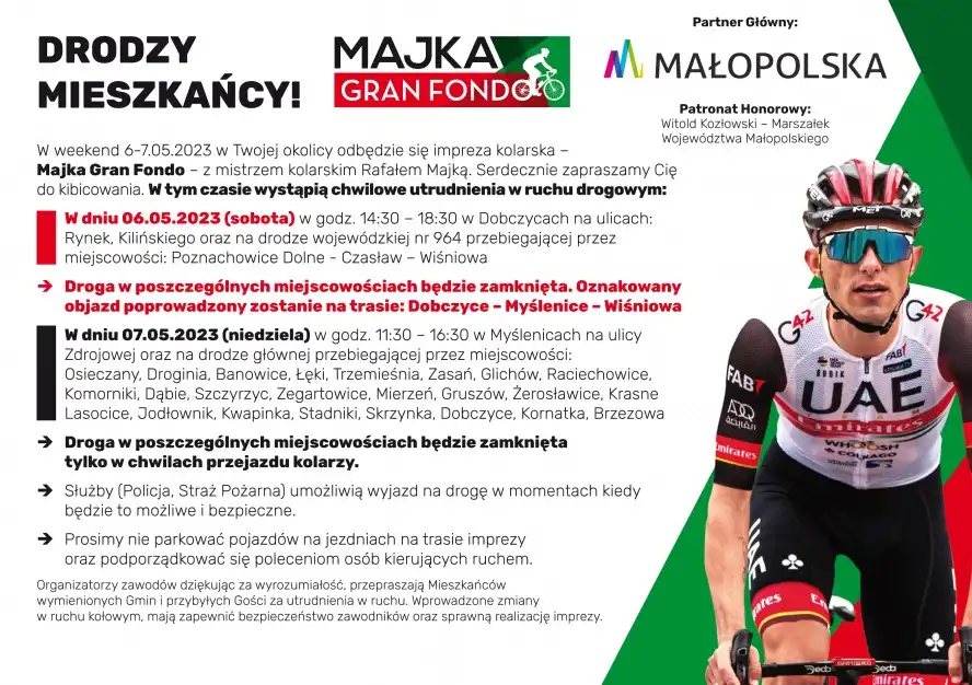 Uwaga! 7 maja utrudnienia w ruchu w związku z wyścigiem rowerowym "Majka Gran Fondo"