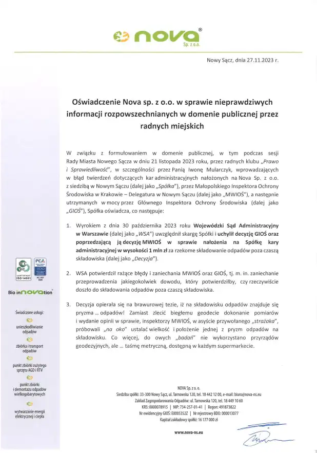 Oświadczenie Nova sp. z o.o. w sprawie rozpowszechnianych nieprawdziwych informacji