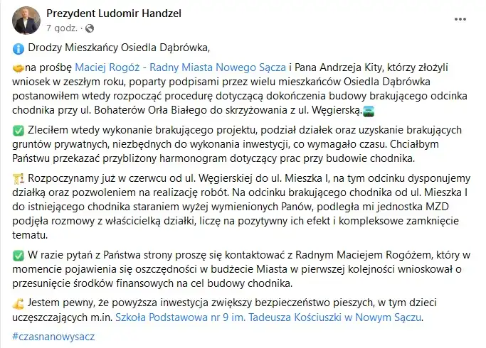 Nowy Sącz: Powstanie brakujący fragment chodnika przy ul. Bohaterów Orła Białego