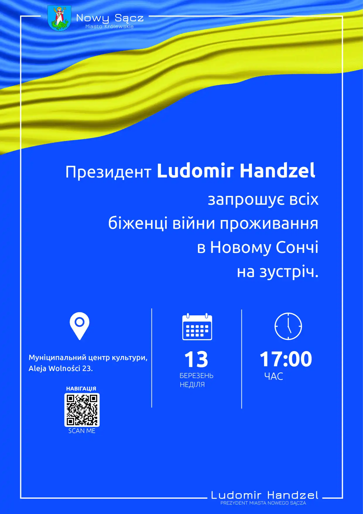 13 marca spotkanie Prezydenta Ludomira Handzla z Uchodźcami w Miejskim Ośrodku Kultury